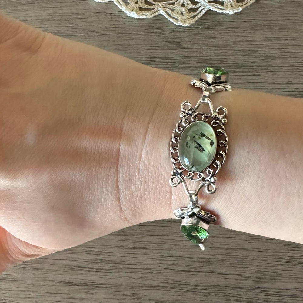 0998 Prehnite Peridot Bracelet Handmade Gemstone Silver Statement Jewelry - Picture 7 of 8